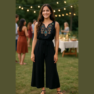 Design History Embroidered Stretch Jumpsuit MED Black Wide Leg Waist Tie Boho